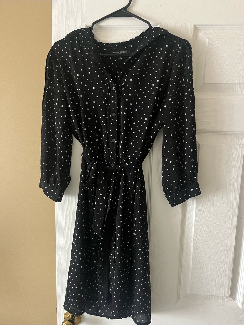 Banana Republic Black Star-Print Button-Front Tie-Waist Long Sleeve Dress